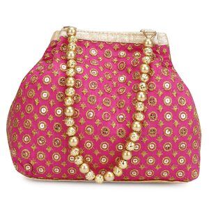 9755 Indian Ethnic Designer Embroidered Silk Potli Bag Batwa Pearls Handle